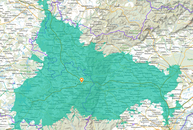 Zone d'activités Maisons Rouges à Phalsbourg : zone isochrone à 30 min autour de la zone